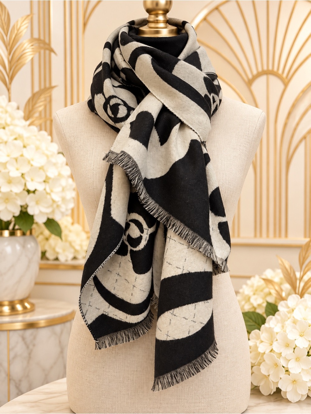 Black and Cream Floral Pattern Fringe Scarf - Women's Accessory